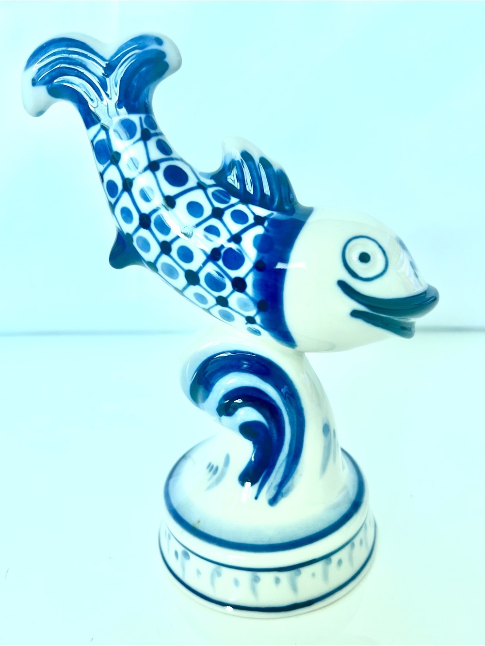 Vintage Gzhel Russian Blue White Hand Painted Porcelain Fish Figurine